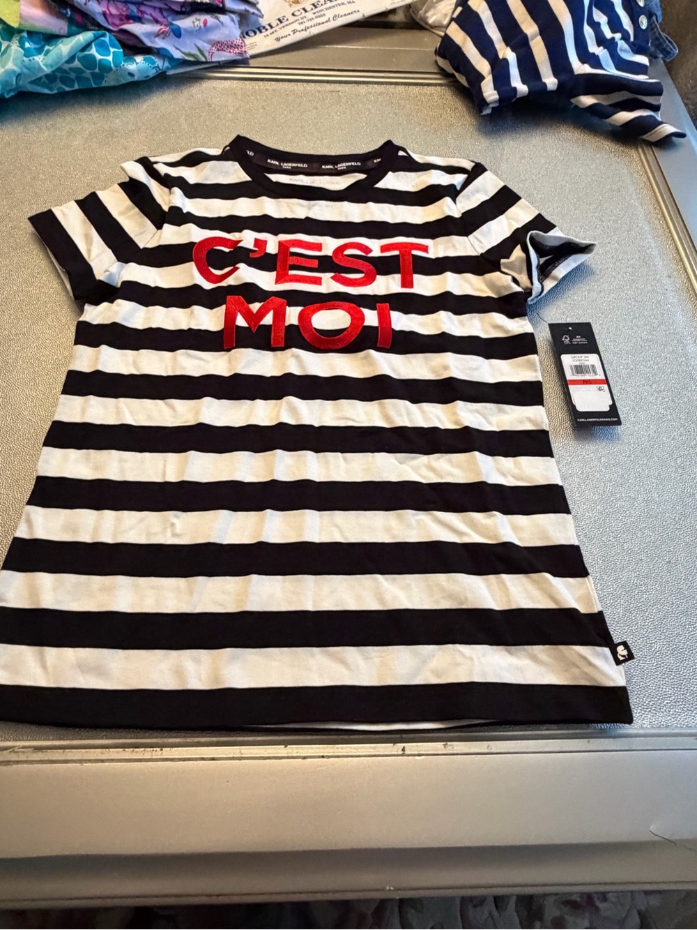Karl Lagerfeld Black & White Striped 'C'EST MOI' Short Sleeve Tee